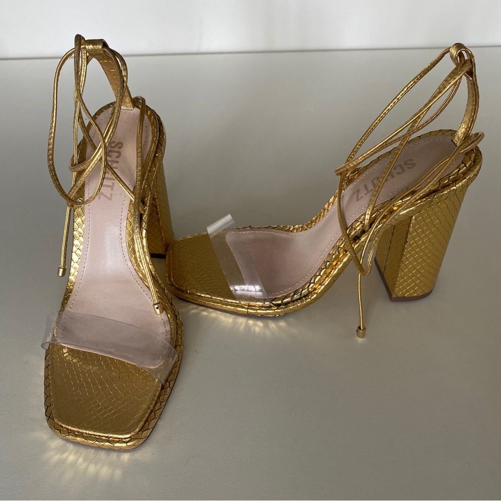 Schutz Gold Snakeskin Sandals